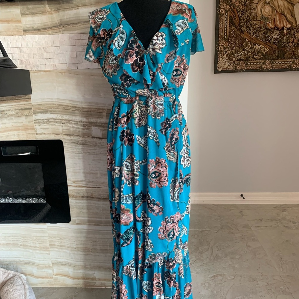 Women’s‎ APT.9 Ruffle V Teal/ Green Floral Dress. Size M - Picture 2 of 8